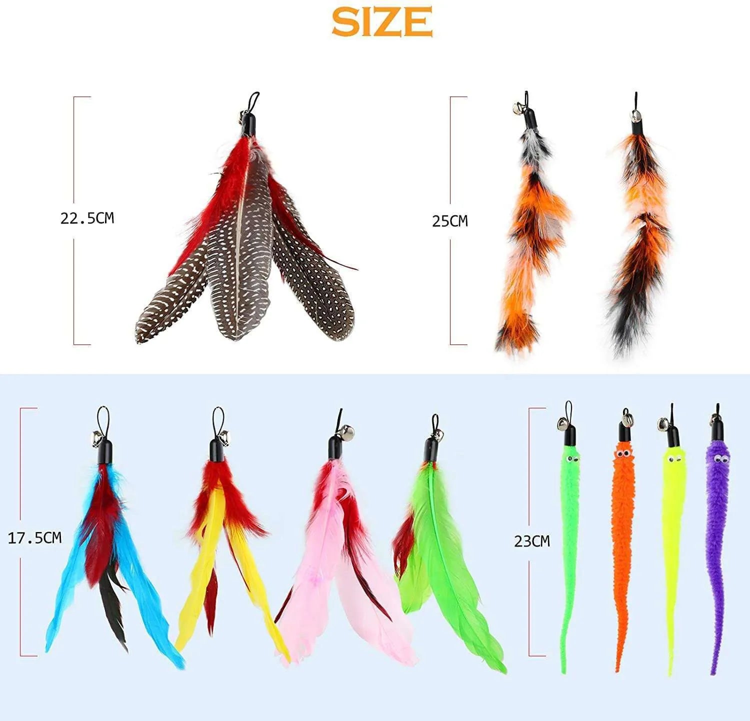 Cat teasing pole set with two extendable rods and ten feather replacement heads