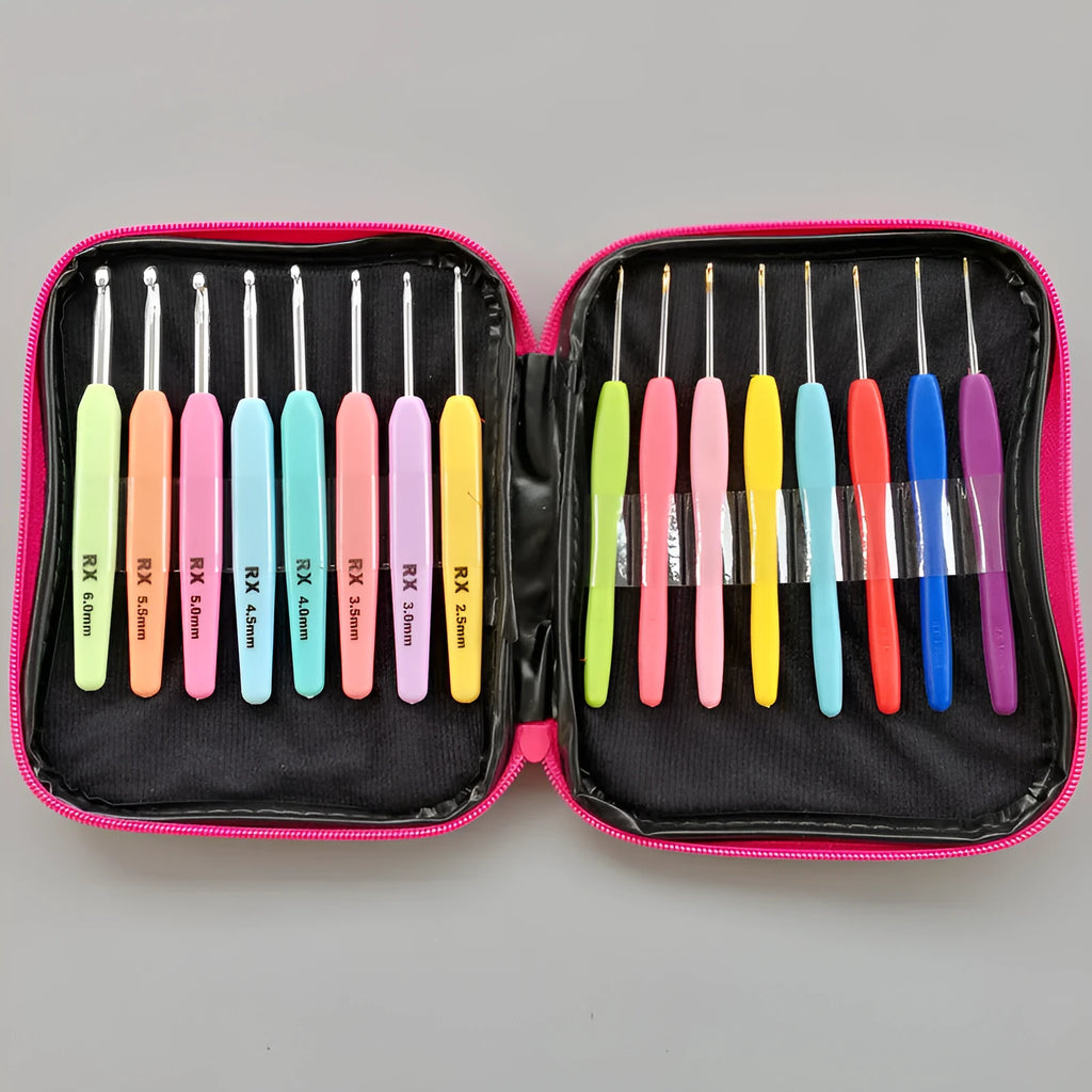 Set of 16 crochet hooks with soft plastic handles in storage bag