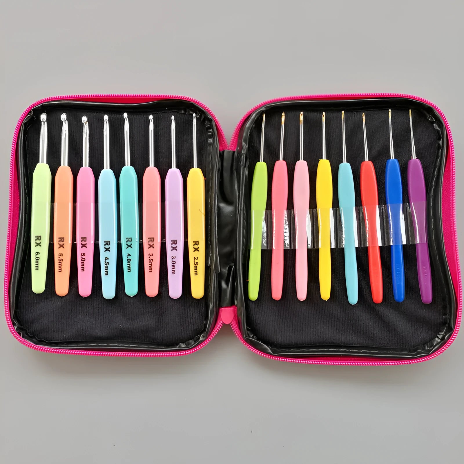 Set of 16 crochet hooks with soft plastic handles in storage bag