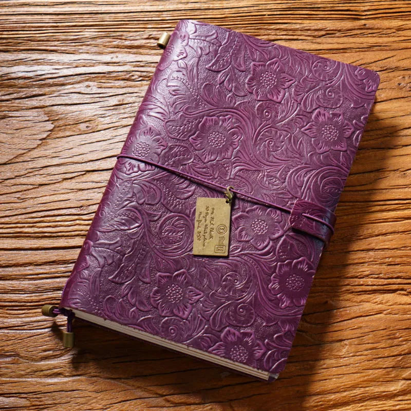 Creative vintage engraving cowhide travel notepad in black A5 size with genuine leather cover