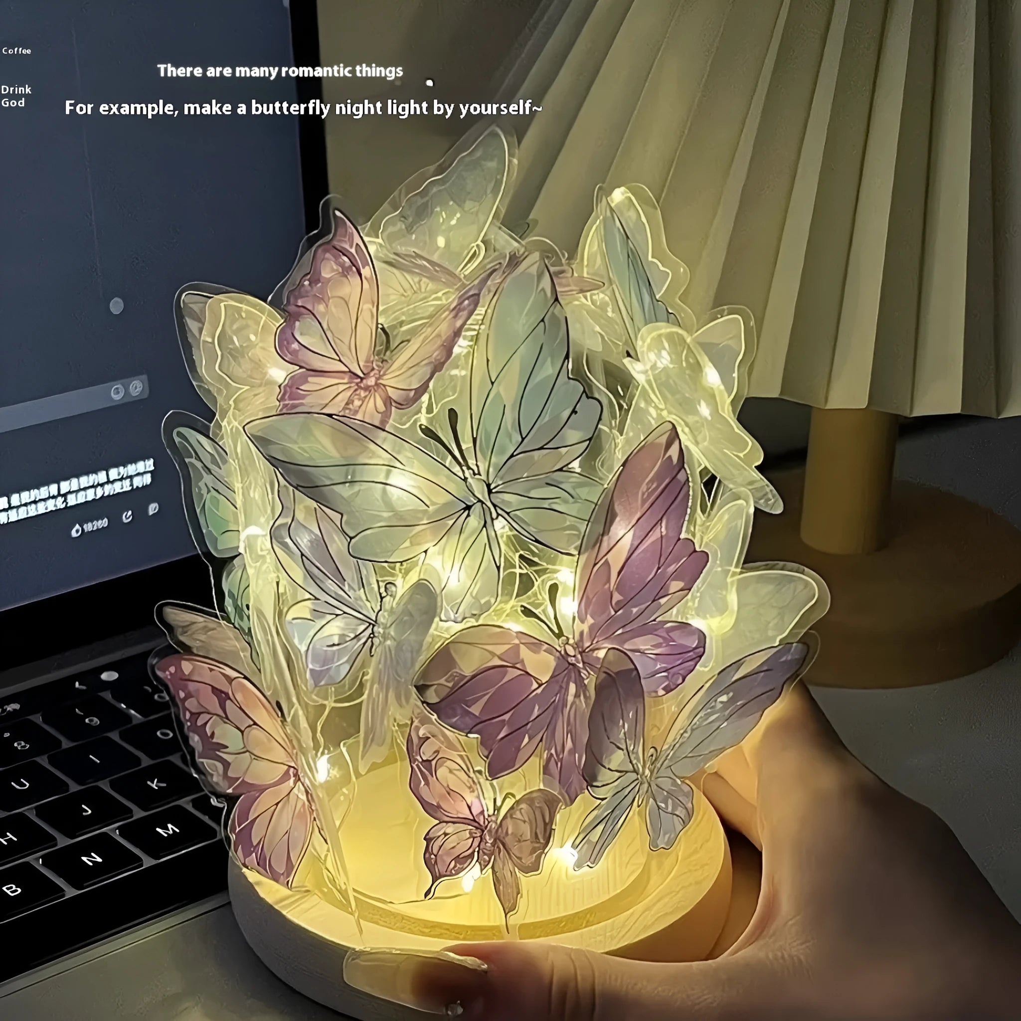 Handmade butterfly bedside lamp with glass shade and raw wood base in 12x15cm size