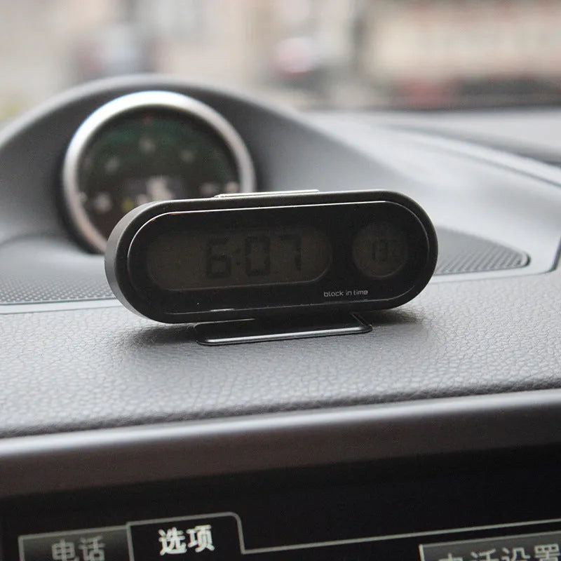 Black car clock thermometer with LED display and adjustable dashboard mounting bracket