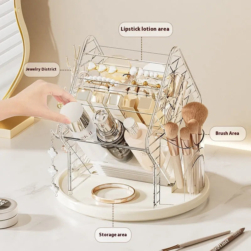 Rotating cosmetics storage box in clear plastic with 360° rotation mechanism on a bathroom counter