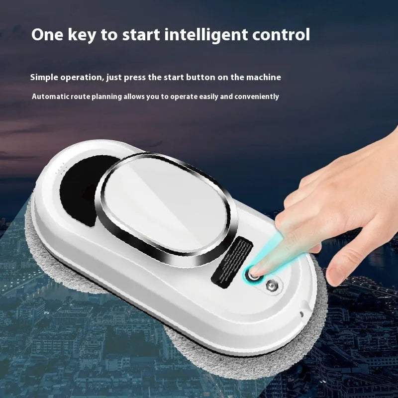 White automatic high altitude cleaning machine with remote control and accessories.