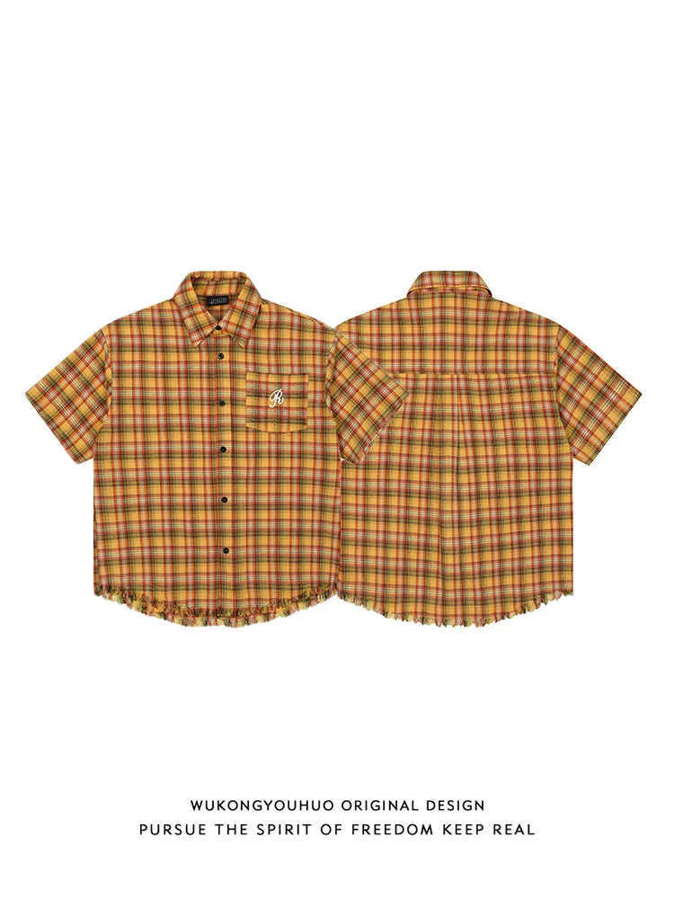 Yellow grid short sleeve plaid shirt with embroidered front pocket, loose fit unisex casual shirt