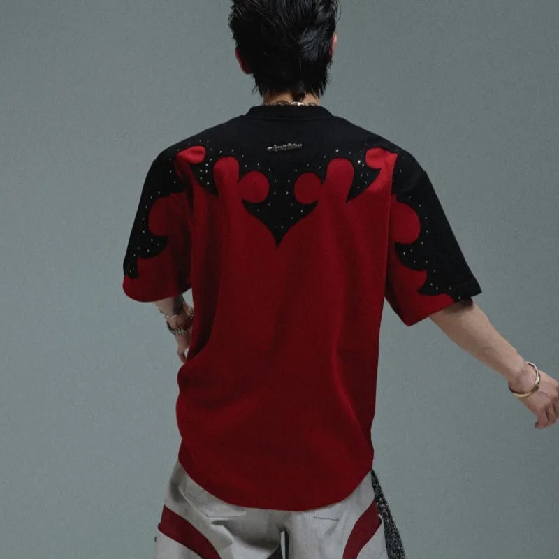 Men's red heavy cotton t-shirt with three-dimensional burnt flower rhinestone stitching and drop-shoulder sleeves