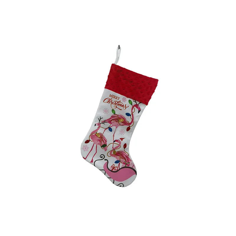 Flamingo Christmas stocking holiday decoration measuring 46cm by 28cm in cloth
