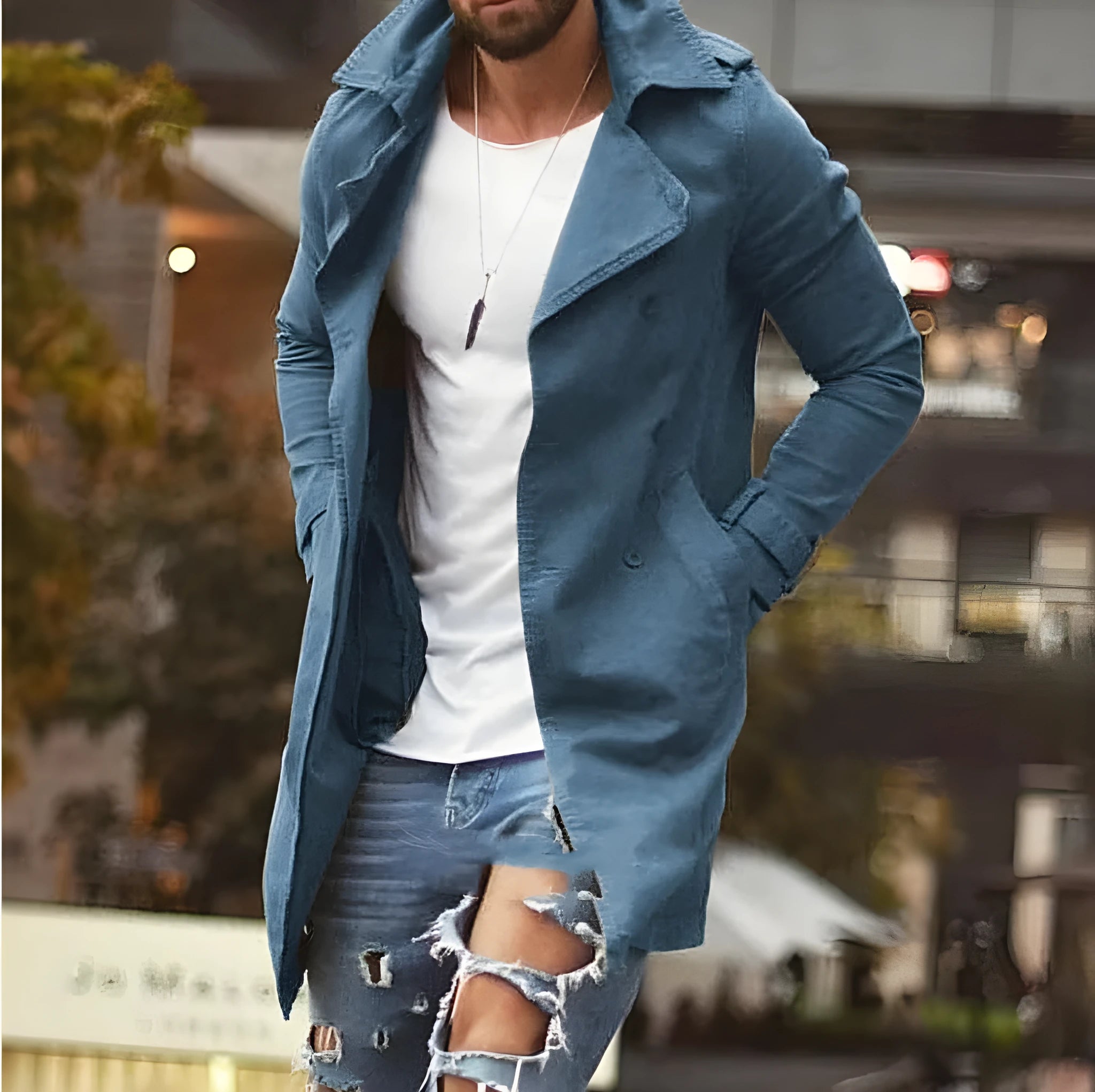 Spring men jacket mid-length slim windbreaker in khaki cotton linen with button front