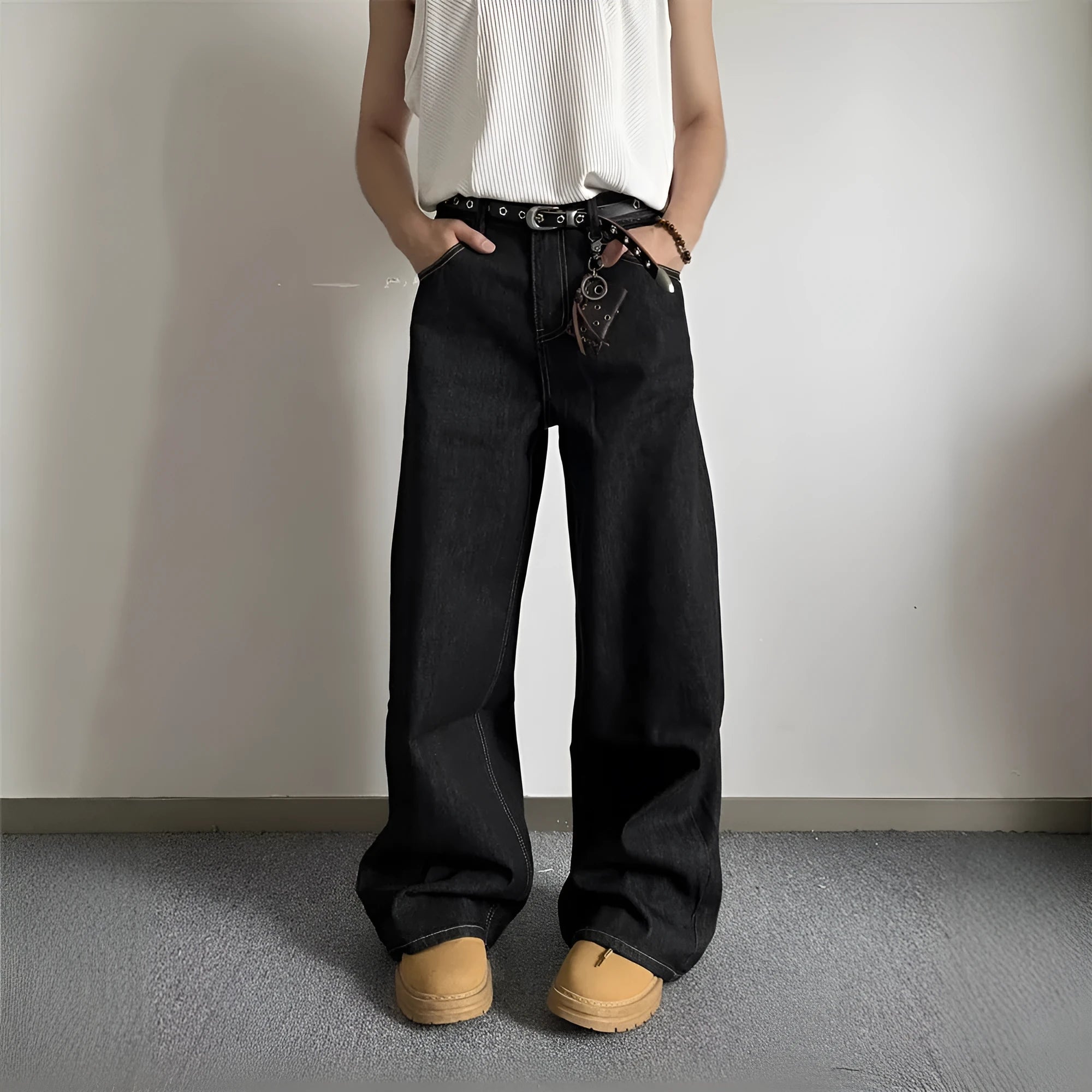 Black retro straight-leg wide-leg jeans with zip fly on mid-waist