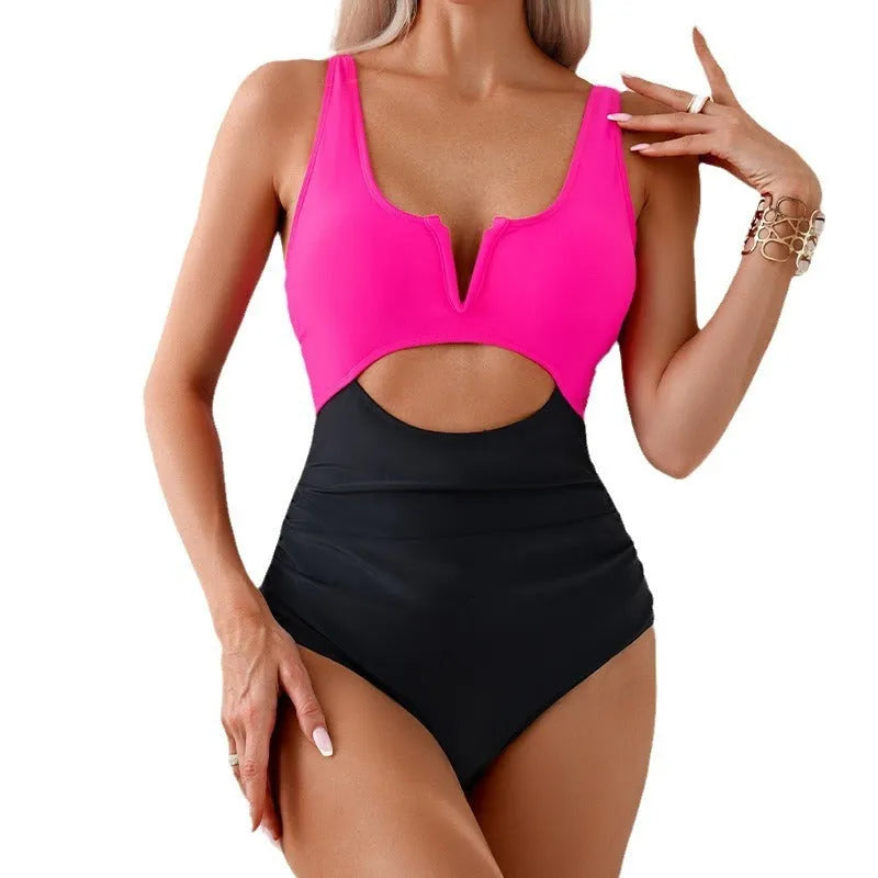 Women's one-piece nylon swimsuit in contrasting colours showing front design