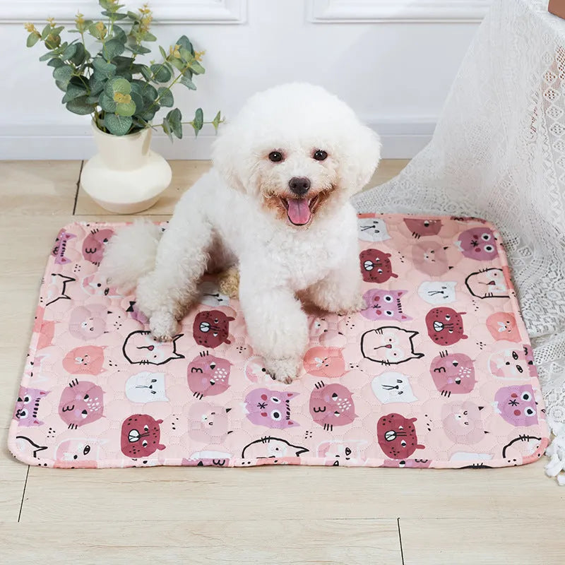 Reusable waterproof pet training pad in animal print design on a wooden floor.