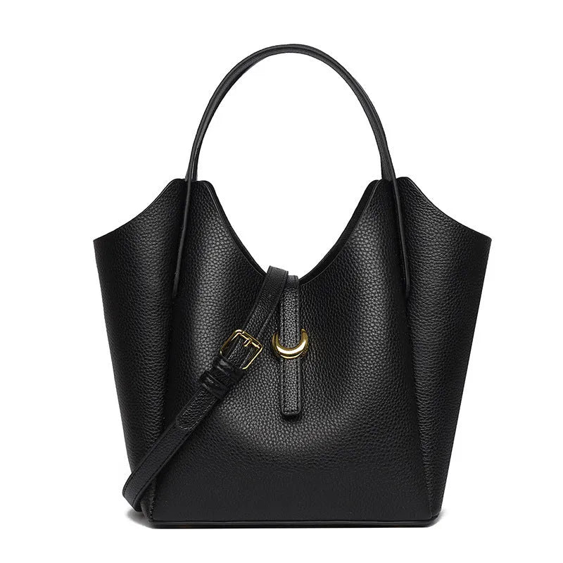 Genuine leather women's bucket bag in retro style with file compartment and shoulder strap