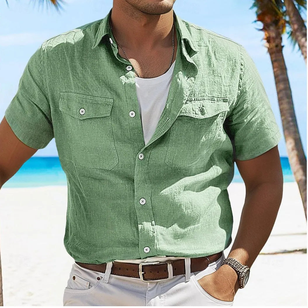 Men's loose fit cotton linen shirt in solid colour with polo collar and long sleeves