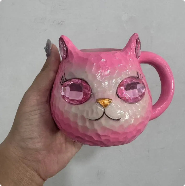 Crystal Earth decorative cat resin cup in American style, available in blue, green, pink, and purple colours.