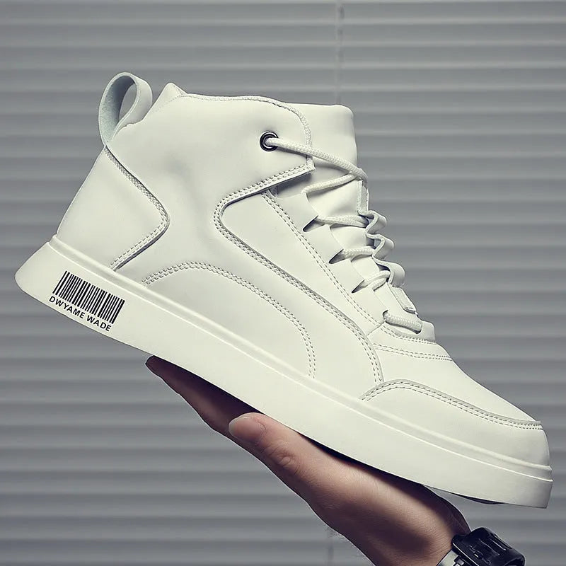 Men's white mid-top casual sports shoes with rubber sole and lace-up front