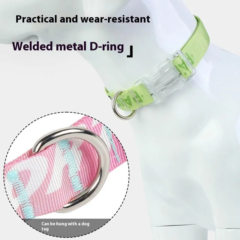 Nylon dog collar with cartoon gradient printing in adjustable S, M, L sizes for dogs 2-10kg