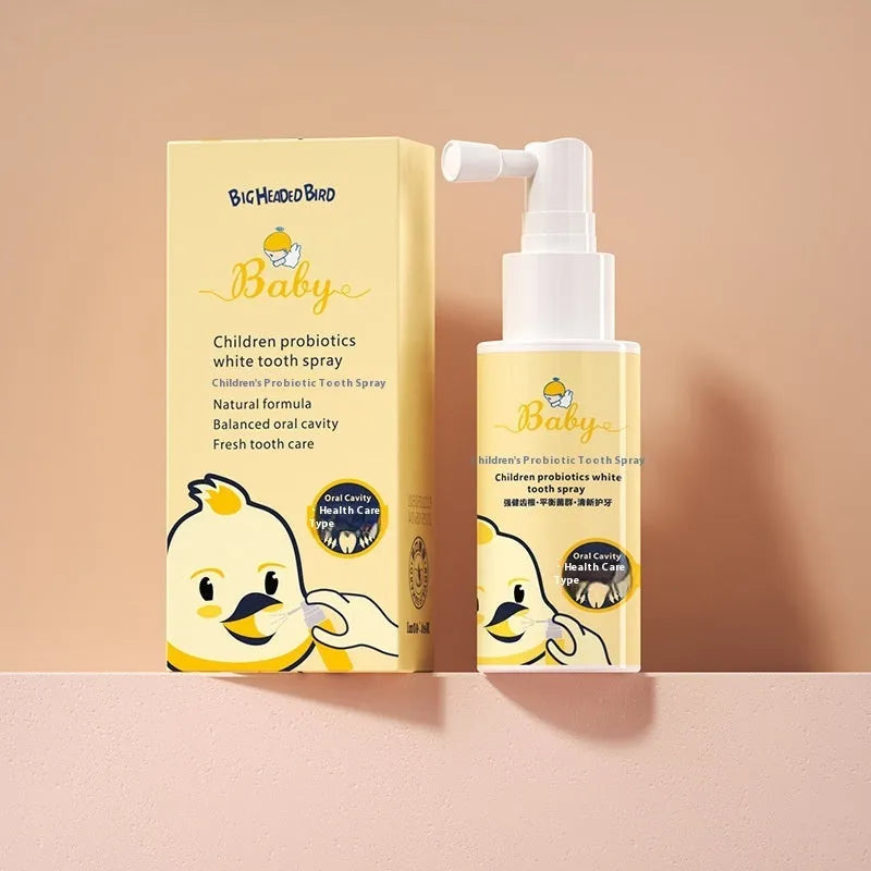 Children's probiotic anticavity oral spray in 40ml bottle with strawberry and orange flavour options