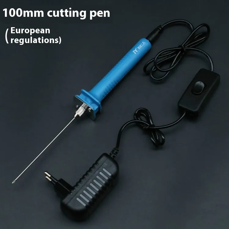 Blue plastic-handled electric hot knife cutter pen for foam with multiple blade sizes and power adapter