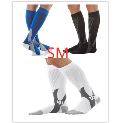 Graduated athletic compression socks for men and women in various colours and sizes.