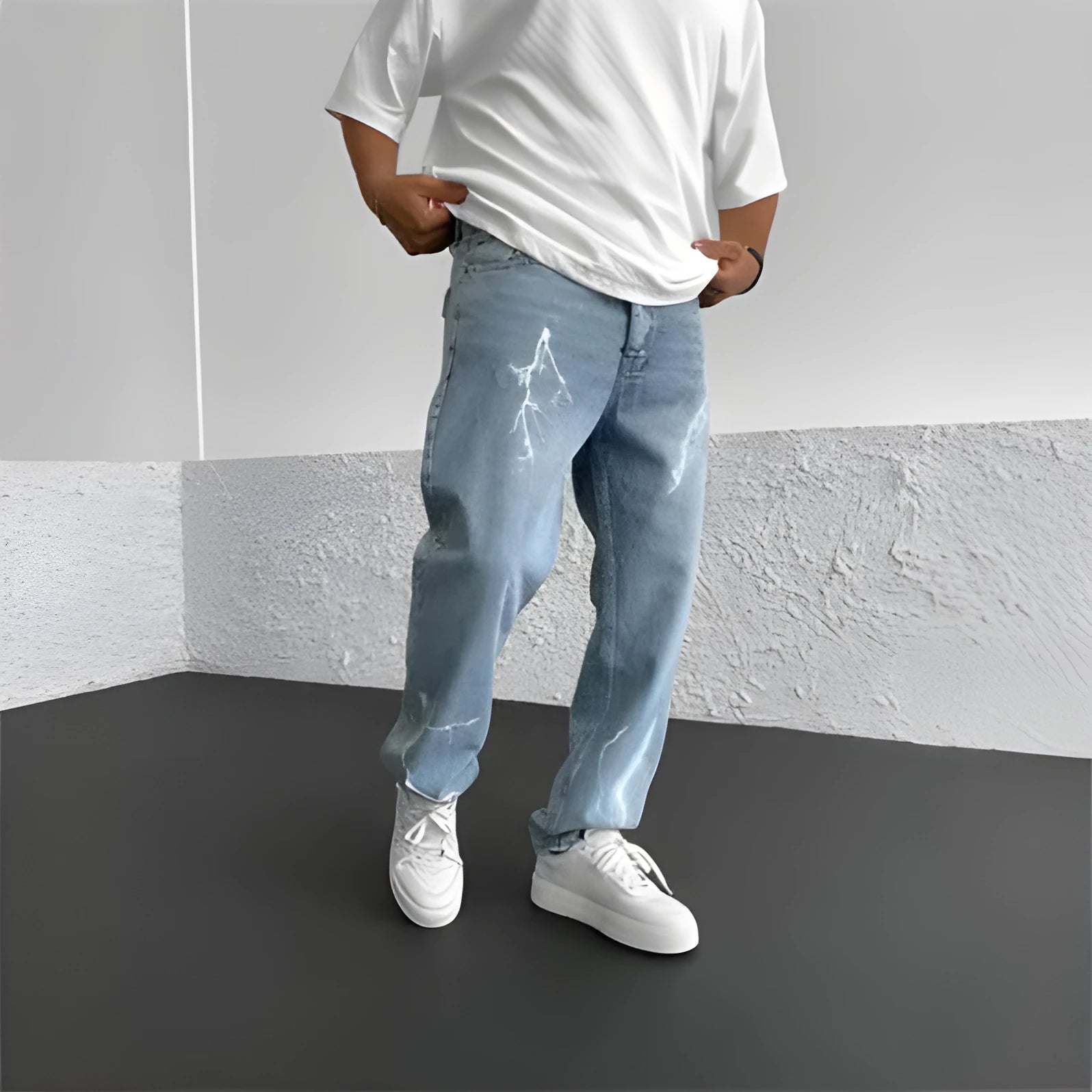 Men's blue straight-leg denim trousers with mid waist and zipper fly on neutral background