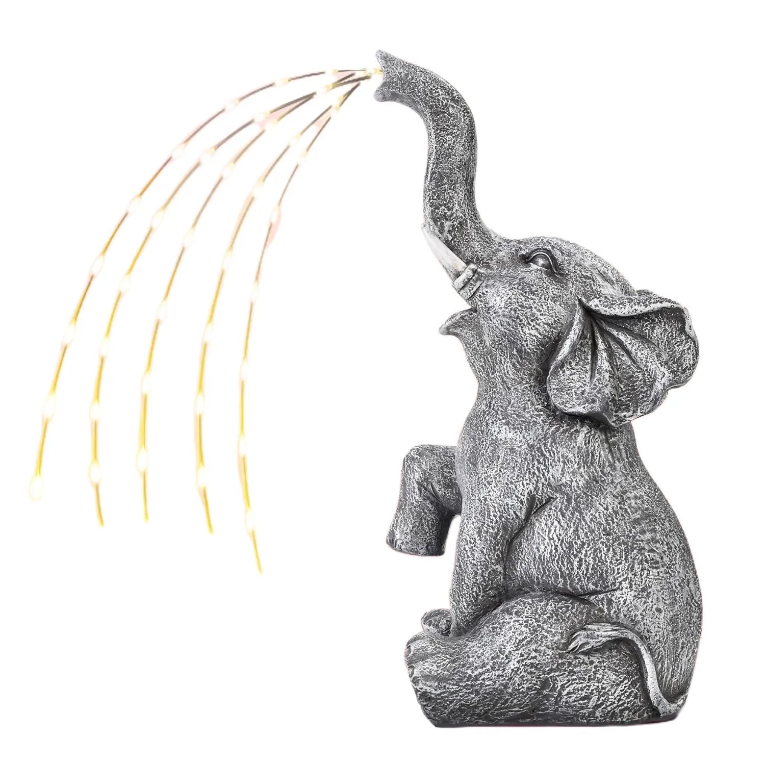 Resin elephant outdoor garden sculpture with realistic detailing and integrated LED lighting strip