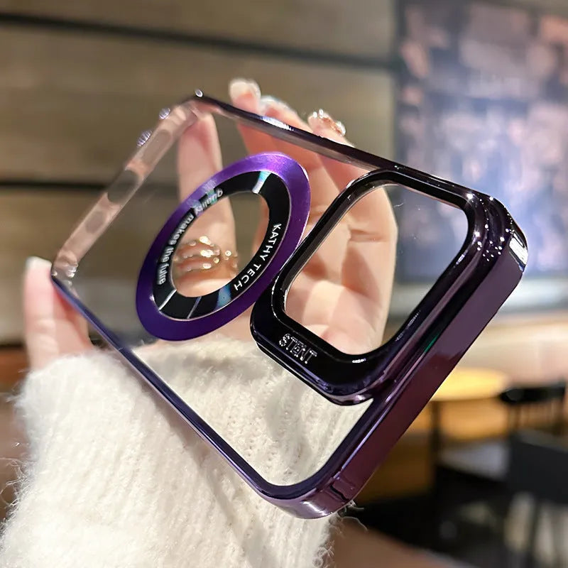 Magnetic mobile phone case for iPhone with MagSafe ring, shown in dark purple colour.
