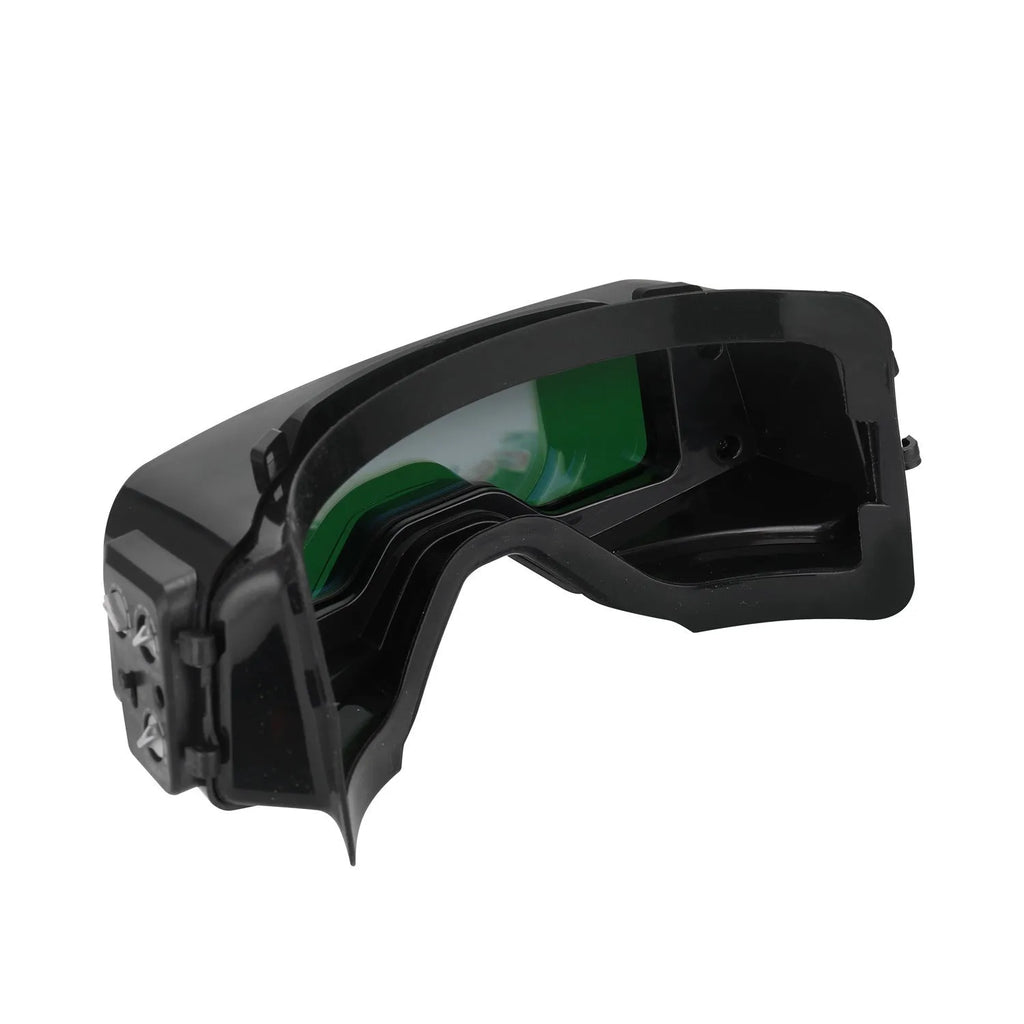 Black automatic darkening welding mask with adjustable shade range and 122.5x35mm viewing area