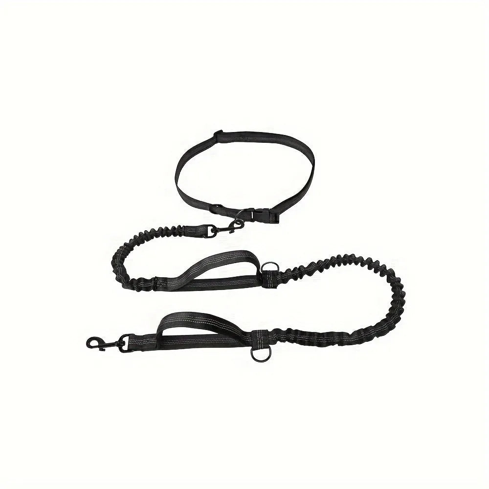 Hands-free dog leash with adjustable waist belt in durable nylon, available in five colours for running and walking
