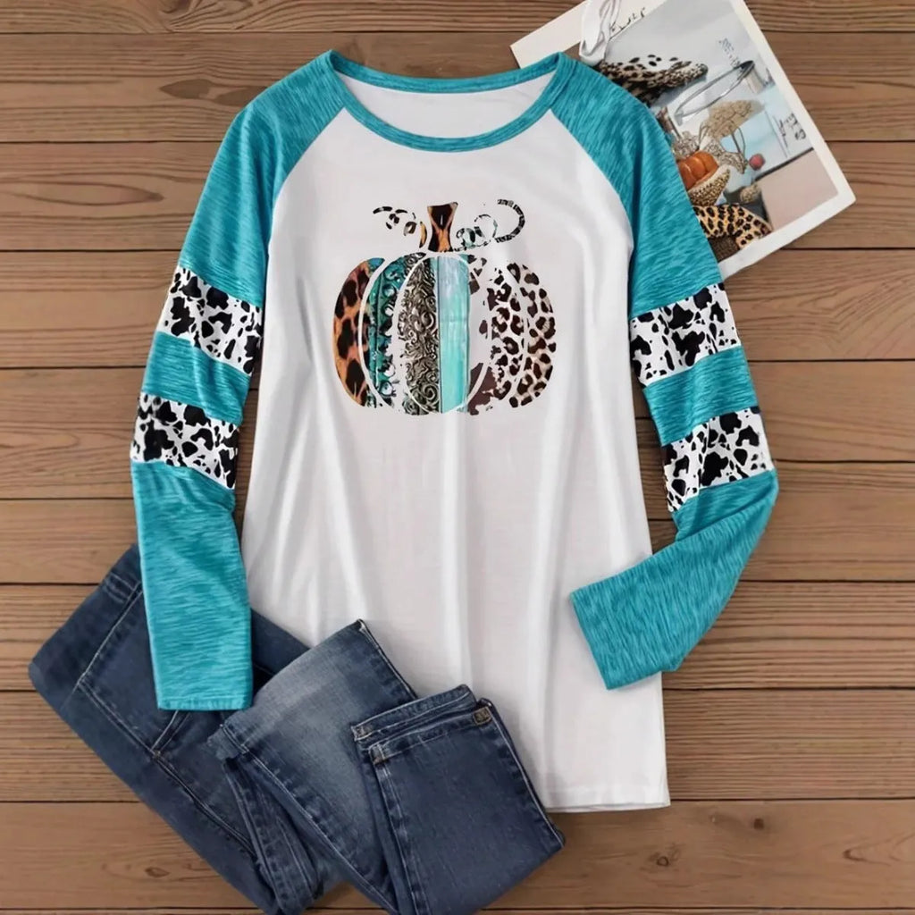 Sky blue Halloween T-shirt with 3D digital printed pumpkin design, long sleeves and polyester fabric