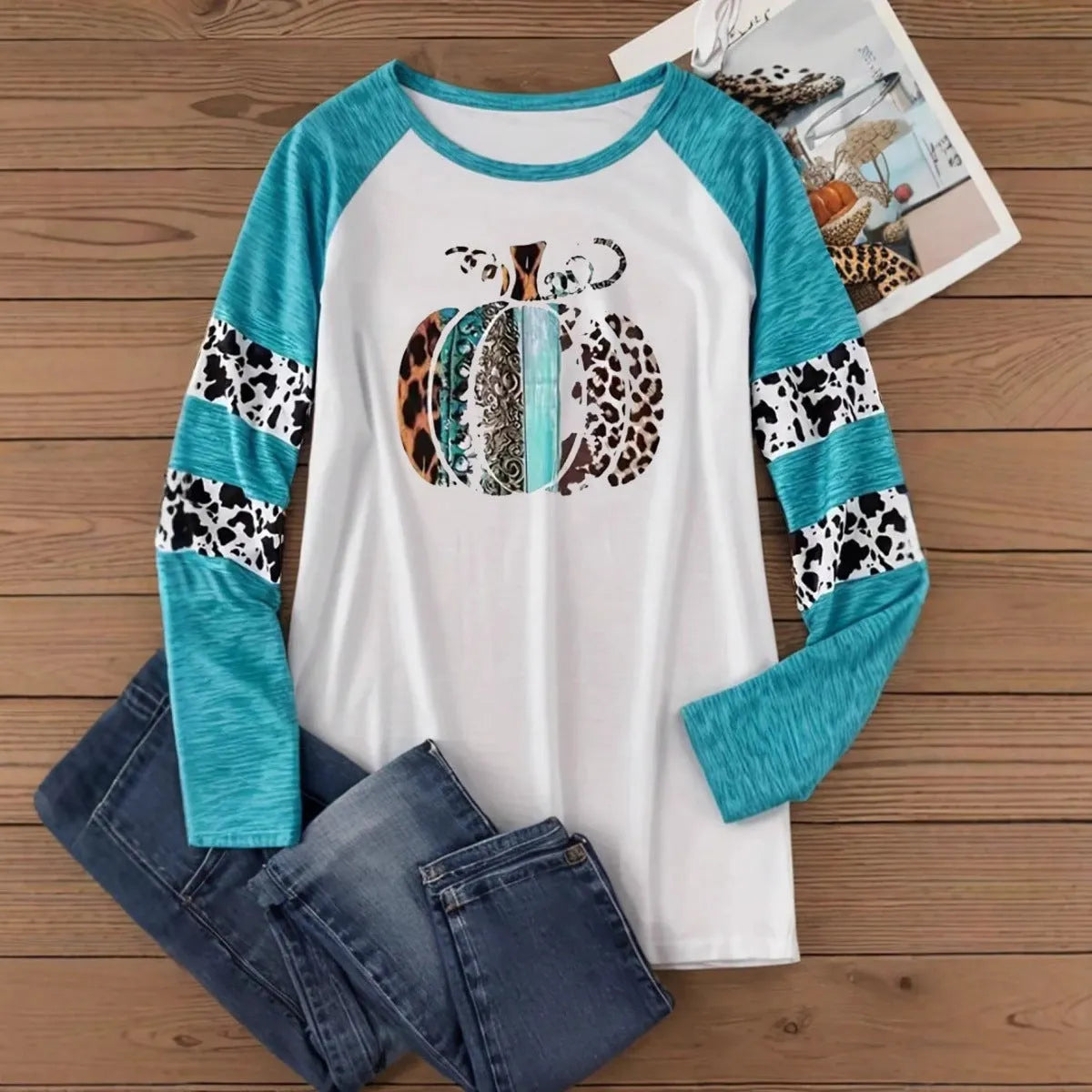 Sky blue Halloween T-shirt with 3D digital printed pumpkin design, long sleeves and polyester fabric