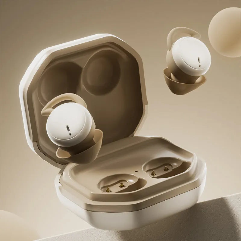 Mini no-pressing Bluetooth headset for side sleeping in milk tea colour with plastic earplug design