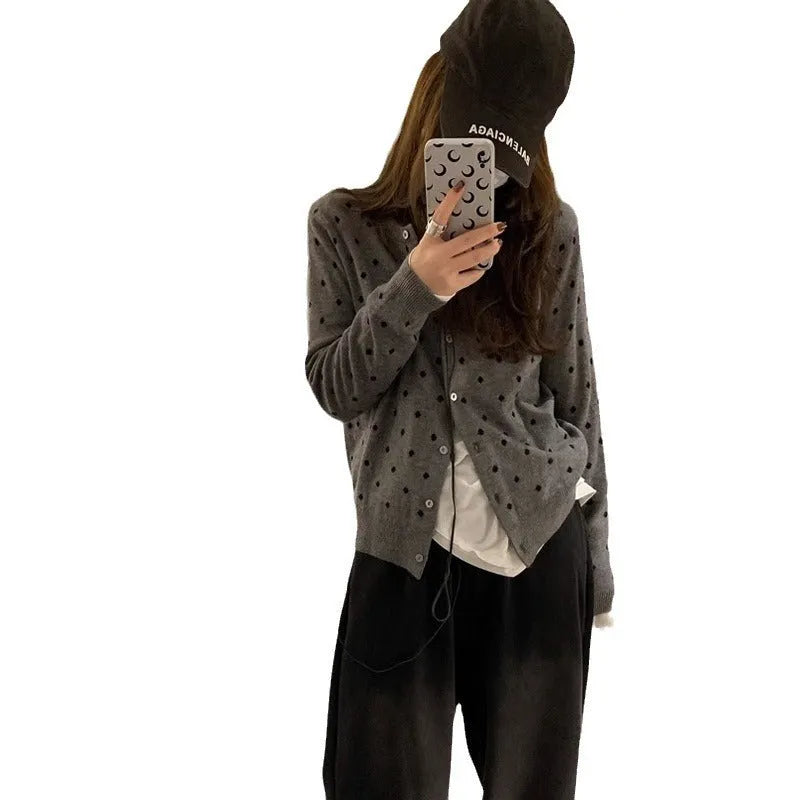 Women's gray dot pattern knitted cardigan with crocheted flowers, loose fit viscose fibre construction