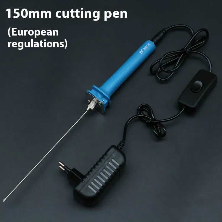 Blue plastic-handled electric hot knife cutter pen for foam with multiple blade sizes and power adapter