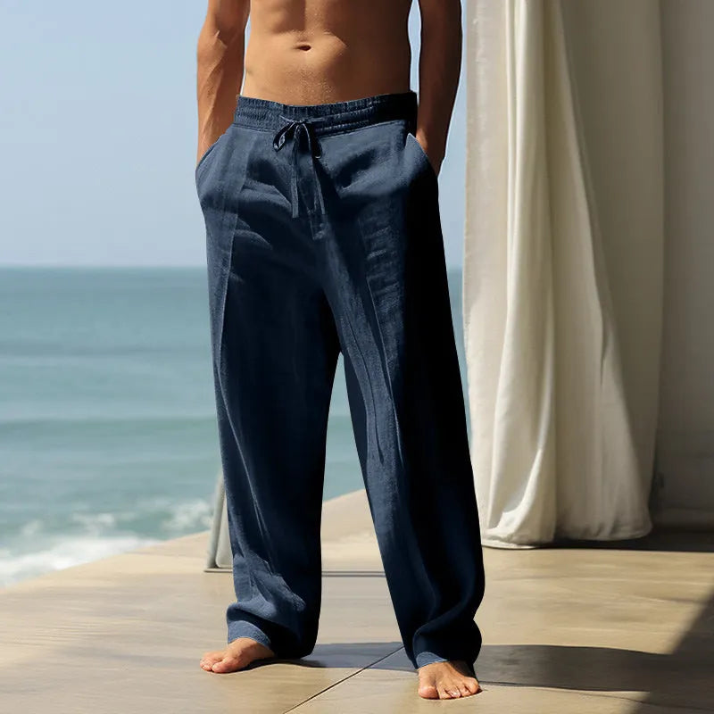 Men's solid colour cotton casual trousers in seven colour options with traditional non-elastic fit