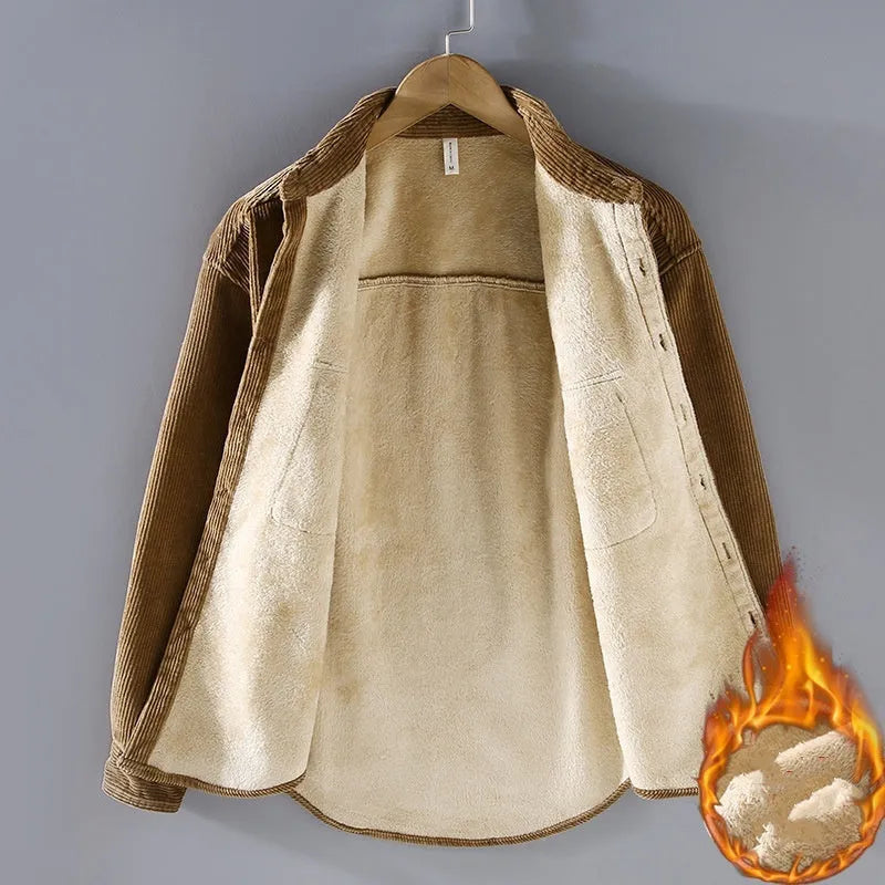 Men's fleece lined corduroy coat shirt in khaki, loose fit, long sleeves, non-iron