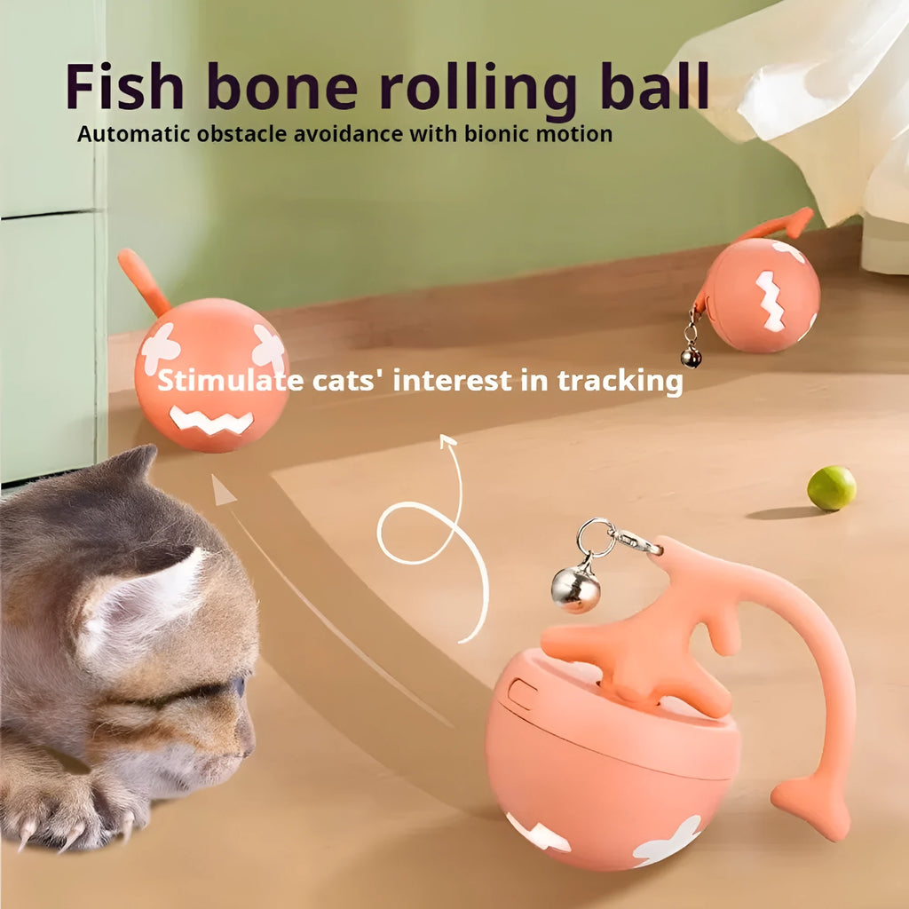 USB electric cat teasing ball toy with rotating fish bone design in blue, pink and yellow colour options
