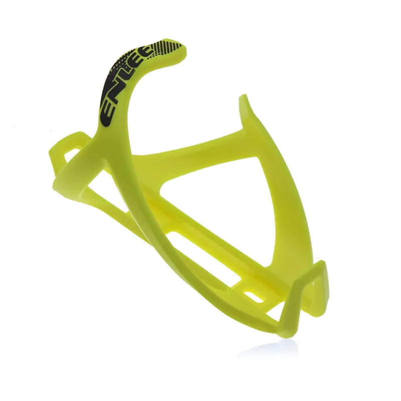 Plastic mountain bike water bottle cage in fluorescent yellow mounted on bike frame