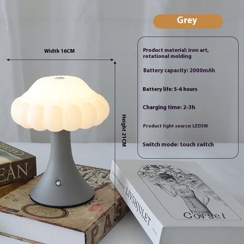 Mushroom-shaped touch control night lamp with USB charging in wood grain finish