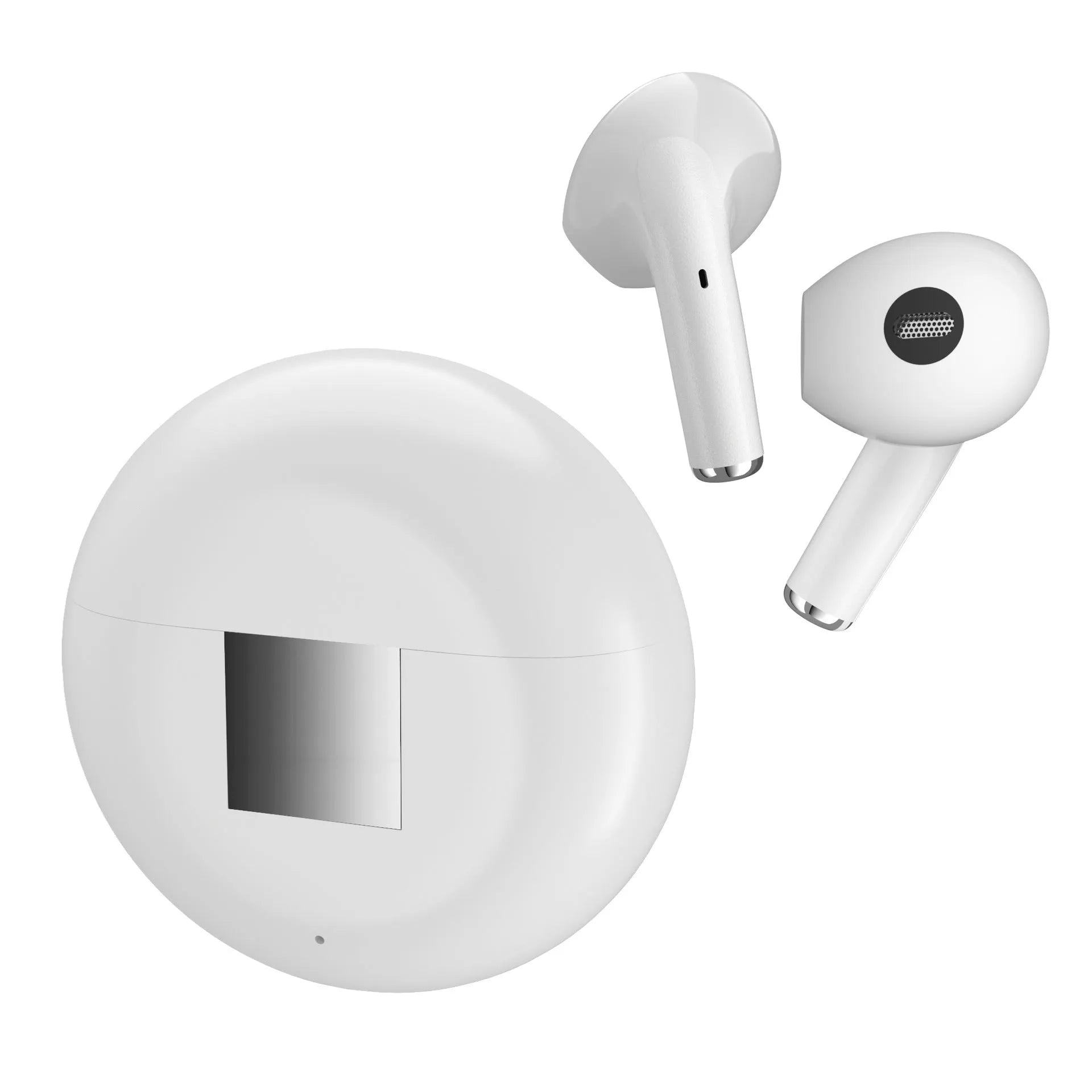 White Budz5 wireless Bluetooth semi-in-ear earphones with charging case