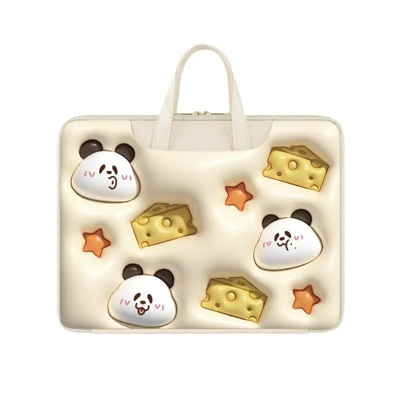 Inflatable PU leather laptop bag in a character design, shown hanging from a suitcase handle.