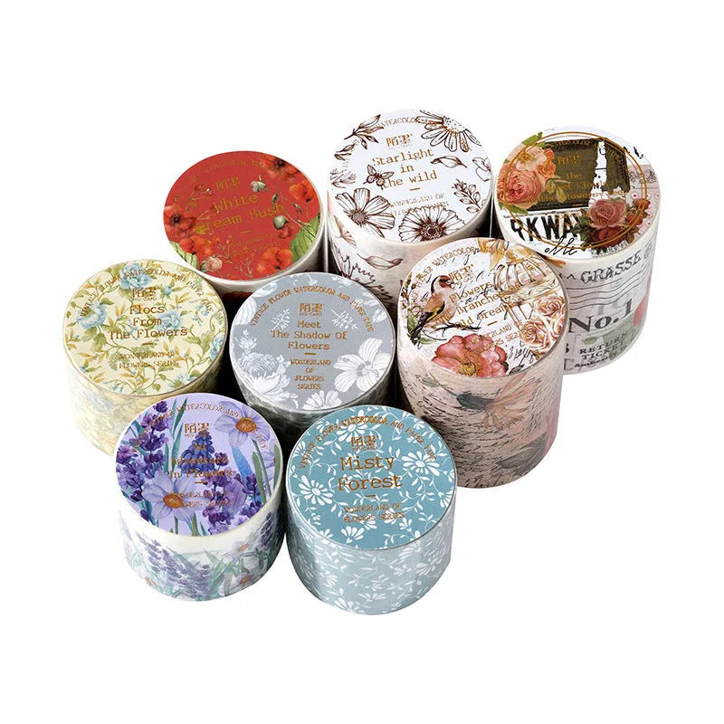 Roll of vintage floral watercolour design tape on a Japanese paper base, showing 30mm and 50mm width options.
