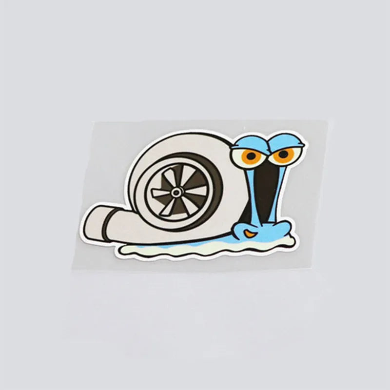 White reflective car sticker with a cartoon snail design, sized 12 by 8 centimetres