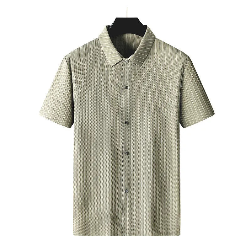 Men's black plus-size striped casual shirt with square collar in loose cardigan fit