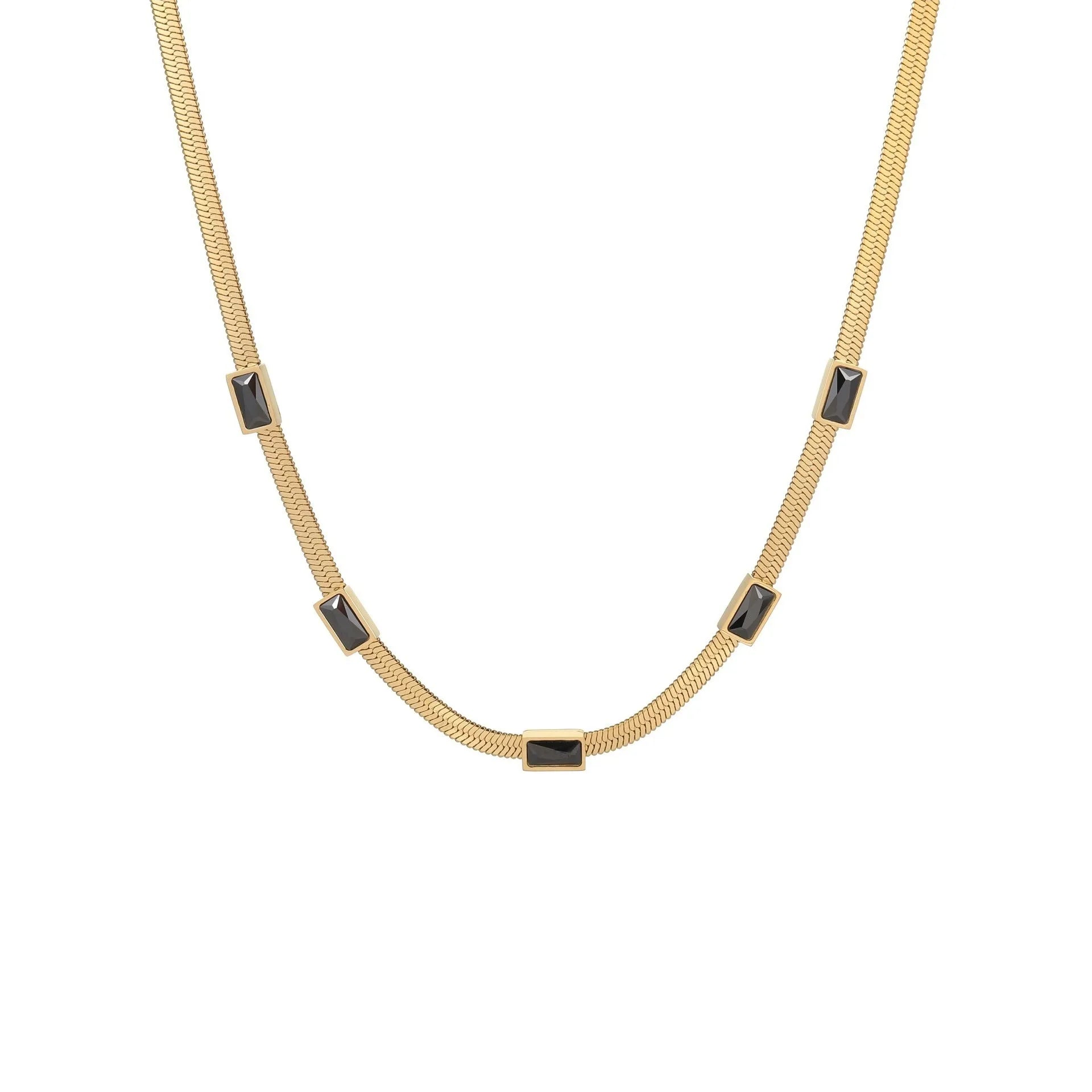 Geometric square zircon pendant necklace with stainless steel flat snake chain in gold or steel colour finishes