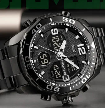Southeast Asian spiral stainless steel men's watch with black dial and metal strap