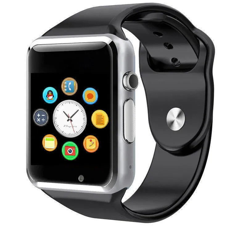 A1 smart watch with 1.54-inch touchscreen display shown in multiple colour options: black, silver, white, gold, pink, red, green, blue.