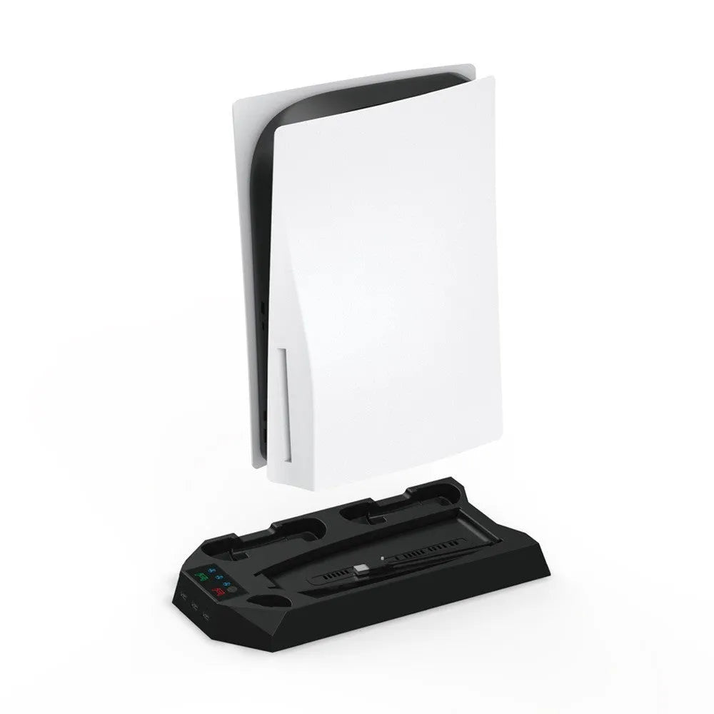PS5 charging base radiator in black or white with controller charging ports and headset storage hook