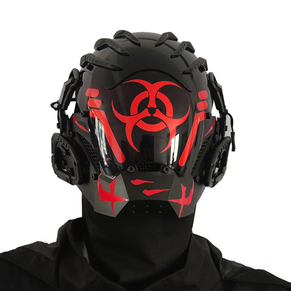 Black full face bioweapon prop mask showing complete helmet coverage