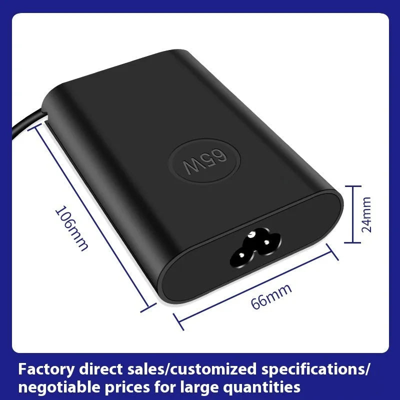 Black 65W Type-C laptop power adapter with six international power cords for worldwide charging