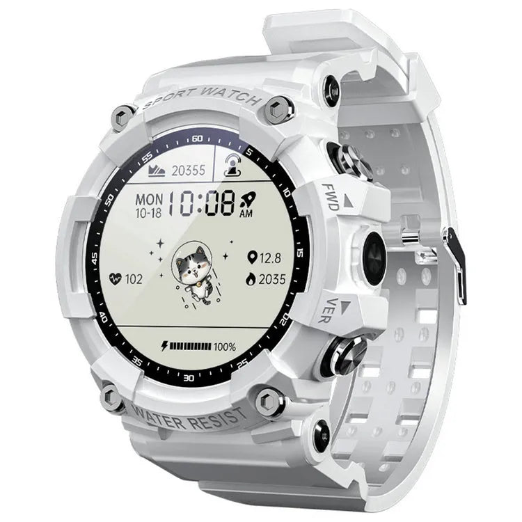 IP67 waterproof smartwatch with round screen on TPU strap in black, white, or pink